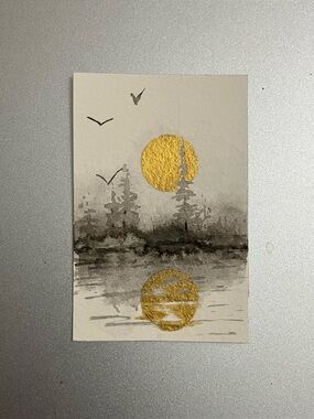 Original sunset landscape miniature realism painting sumi-e style art USA